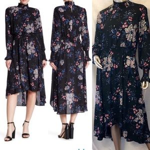 Nanette Lepore Smocked Mock Neck Hi-Lo Dress
